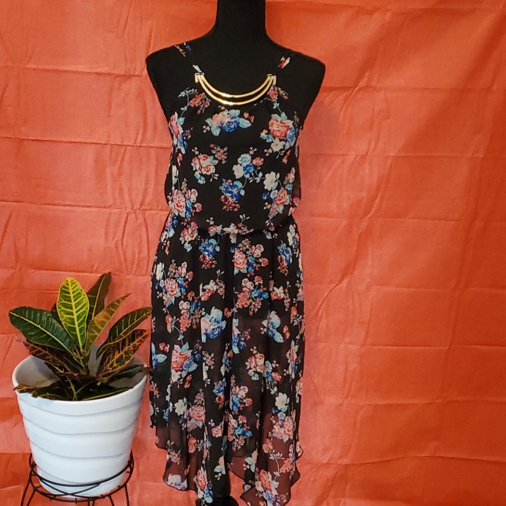 Black Floral Dress with Gold Accents